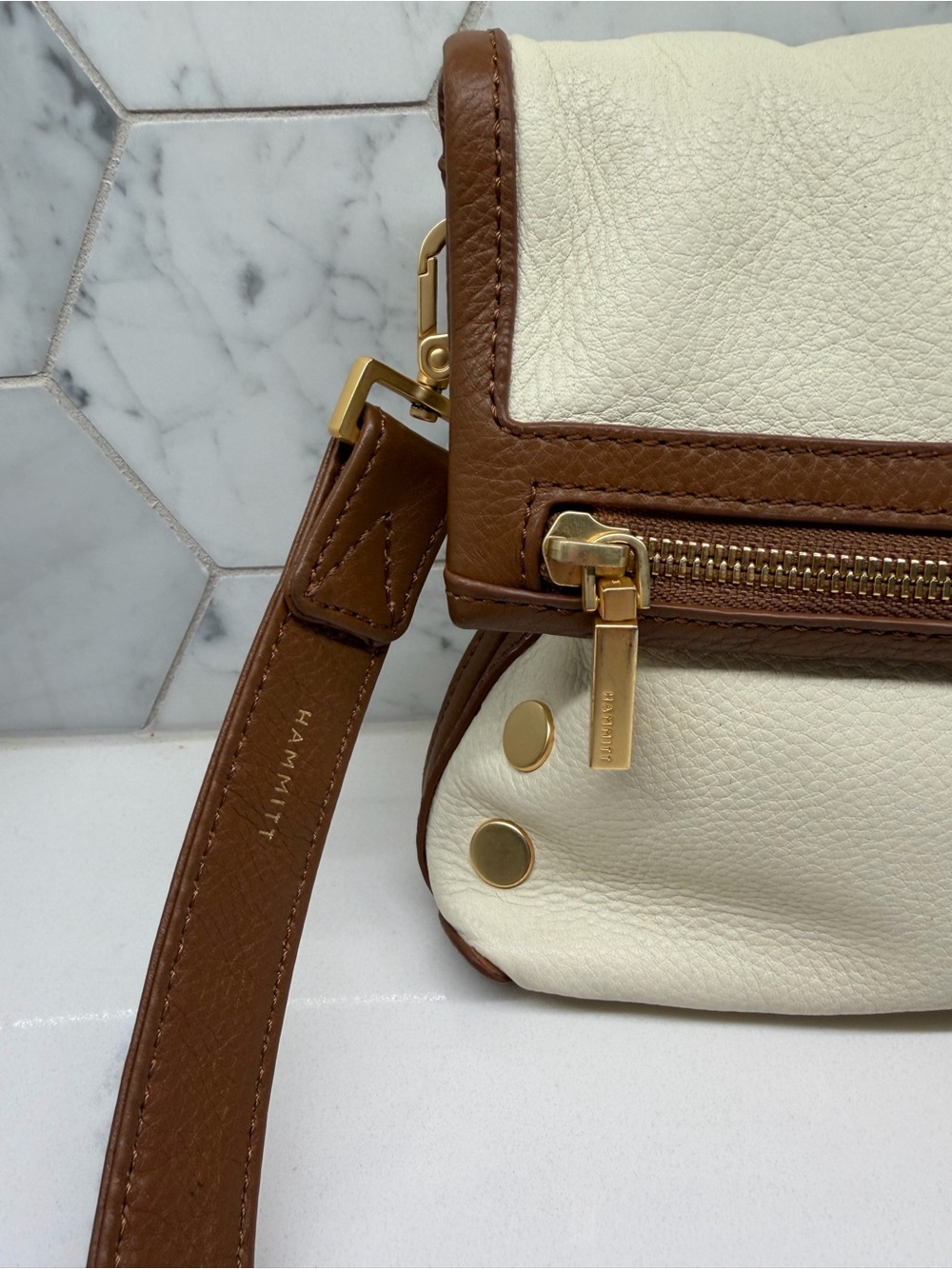 Hammitt Cream and Brown Leather Foldover Crossbody - Picture 4 of 16